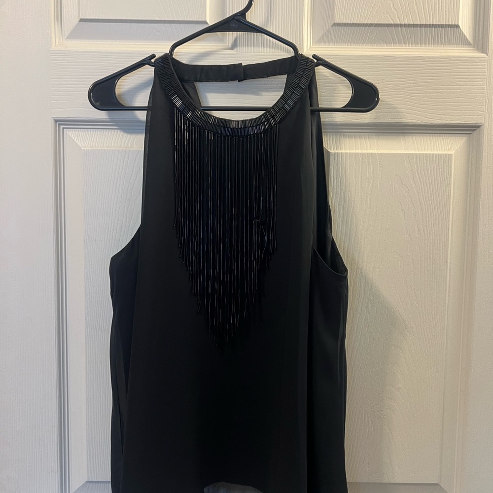 Elegant Beaded Fringe Black Sleeveless Top